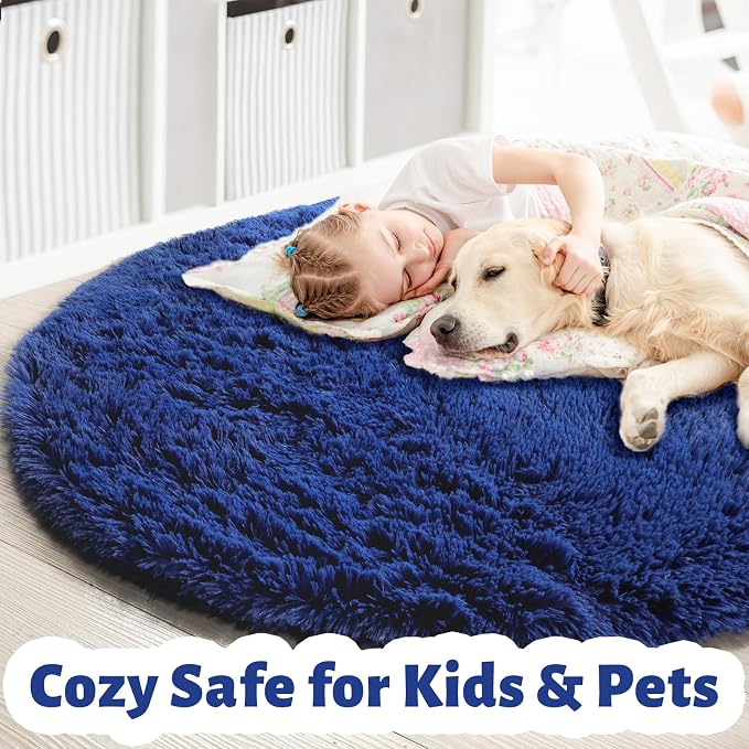 Navy Blue Round Rug 7Ft for Living Room Bedroom, Large Fluffy Fuzzy Circle Area Rugs for Teen Boys Baby Kids, Cute Shaggy Plush Floor Royal Dark Blue Carpet for Dorm Nursery Playroom Decor Aesthetic