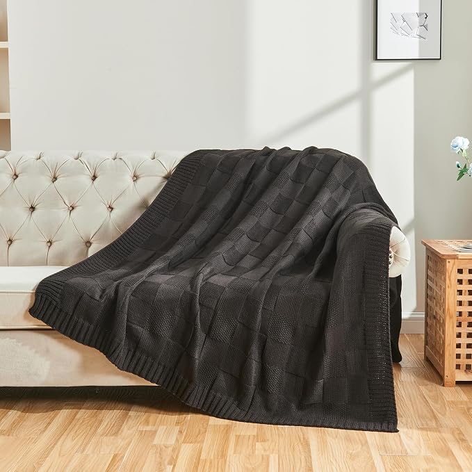 CozeCube Jet Black Knitted Checkered Throw Blanket 60"X80" | Check Knit Throw for Couch, Decorative Christmas Soft Cozy Warm Blanket for Bed Sofa Living Room