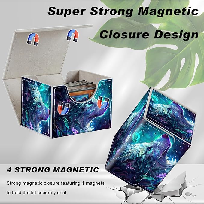DEGDFSGRCard Game Storage Box for TCG MTG Commander Deck Box Organizer Trading Card CaseMagnetic Closure Creative Pattern Up to 200 Cards (Blue And Purple Glowing Wolf, 1 pack)