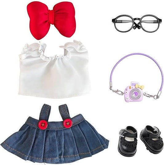 Clothes Dress for Dolls, 17cm La Boo-Boo Doll Designer Clothes Dress Outfit Accessories with Denim Suspender Skirt, Purple Camera, Glasses, Shoes and Bow Hair Decor, NZ004