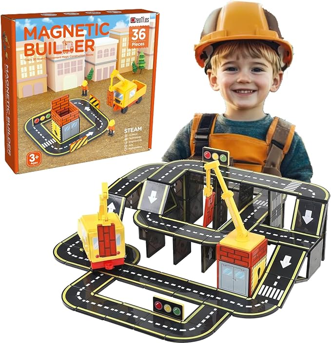 Magnetic Road & Construction Set with Crane – 36-Piece STEM Building Tiles for Kids Ages 3-7, Montessori Learning Toy with Workers & Car