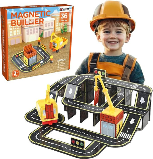 Magnetic Road & Construction Set with Crane – 36-Piece STEM Building Tiles for Kids Ages 3-7, Montessori Learning Toy with Workers & Car