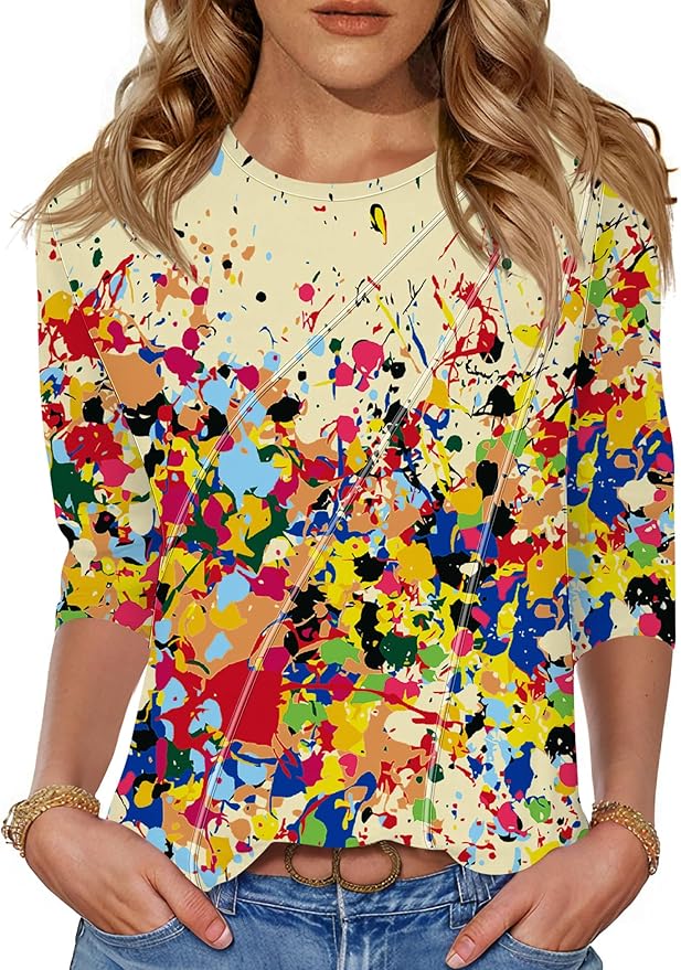 LOMON 3/4 Length Sleeve Womens Tops Spring Summer Fashion 2026 Tops Crew Neck Pleated Shirts Tunic Top Loose Fit