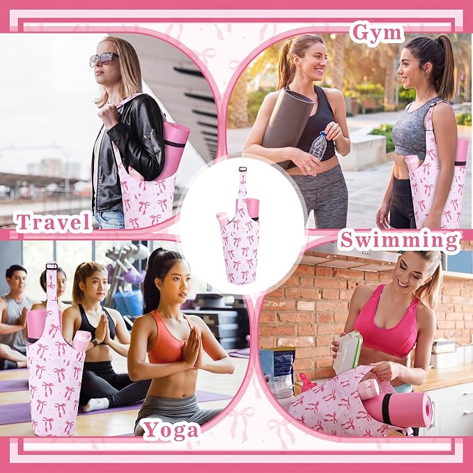 SATINIOR Pink Bow Yoga Mat Bag with Large Size Pocket & Zipper Pocket Oxford Cloth Yoga Bag Mat Carrier Holder Adjustable Shoulder Strap Women Gym Pilates Accessories for Travel Office Beach Workout