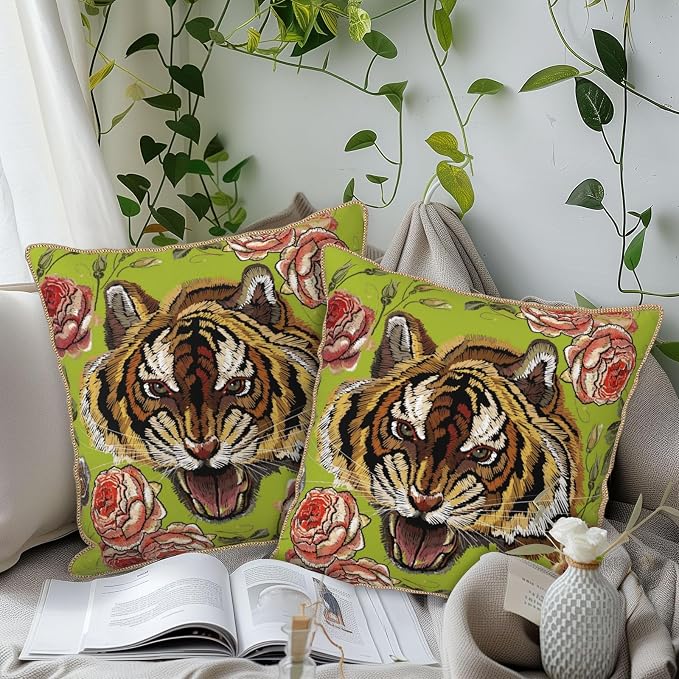 Tiger Flower Green Velvet Pillow Covers 16x16 Inch Pink Floral Animal Throw Pillows for Couch Cushion Covers Pillowcase Farmhouse Modern Pillow Cases for Sofa Bed Living Room Bedroom