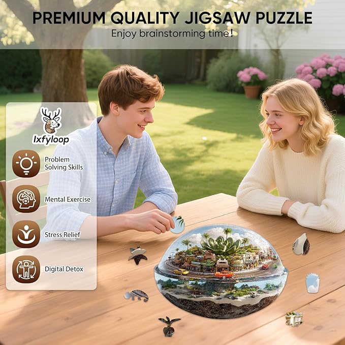 Ixfyloop Succulent Building Wooden Puzzles, City Street Jigsaw Puzzles for Adults 184 Pieces, Unique Shape Plant Brain Teaser Puzzles with Box, for Teens, Family Game 11.2 x10.6 inch