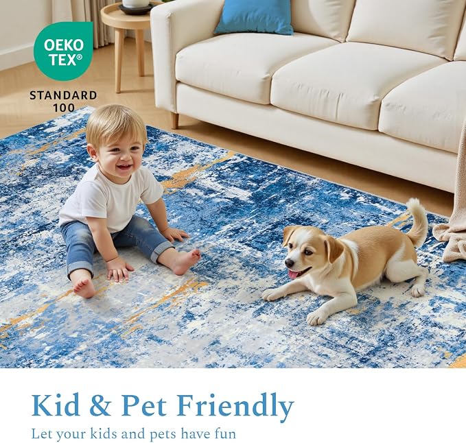 Rugflix 5x7 Area Rugs for Living Room, Washable Sky Blue Gold Large Rug | Machine Washable; Stain-Resistant; Low Pile; Non-Slip; Modern Abstract; Carpet for Bedroom Dining Office Nursery Home