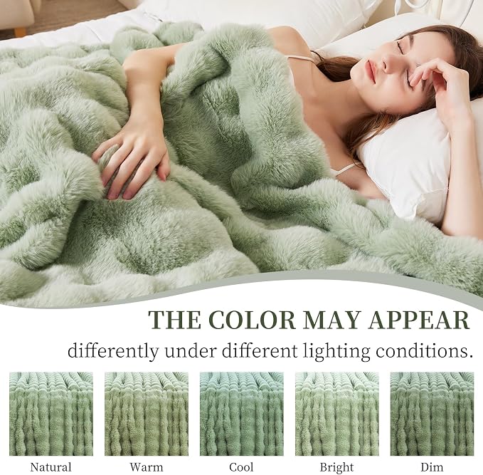 Faux Rabbit Fur Throw Blanket for Couch Gifts for Women, 60"x80" Sage Green | Cozy Reversible Fluffy Throw, Luxury Plush Thick Bubble Blanket, Mothers Gifts for Women, Soft Warm for Bed, Home Decor