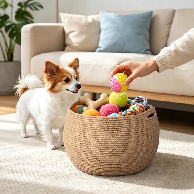 Goodpick Large Woven Storage Basket for Organizing, 15.7" x 10.5", Camel | Round Cotton Rope Basket With Handles, Holds Blankets, Toys & Daily Essentials, Decorative Basket for Living Room & Bedroom