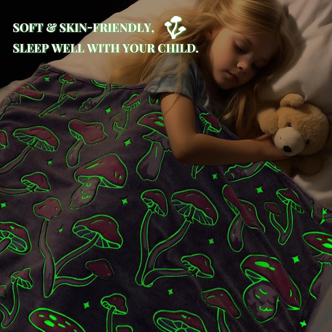 Glow in The Dark Mushroom Blanket - Purple Fleece Throw with Plant Print Soft Fuzzy Cottagecore Decor for Kids Girls Boys Bedroom, Couch & Travel 40x50 inches