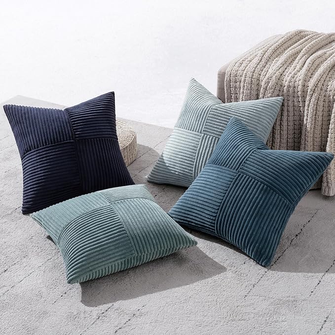MIULEE Dusty Blue Navy Farmhouse Throw Pillow Covers 16x16 Inch Set of 4 Boho Patchwork Gradient Cushion Cases Western Modern Pillow Cases Corduroy Home Decor for Couch Sofa Living Room Bed