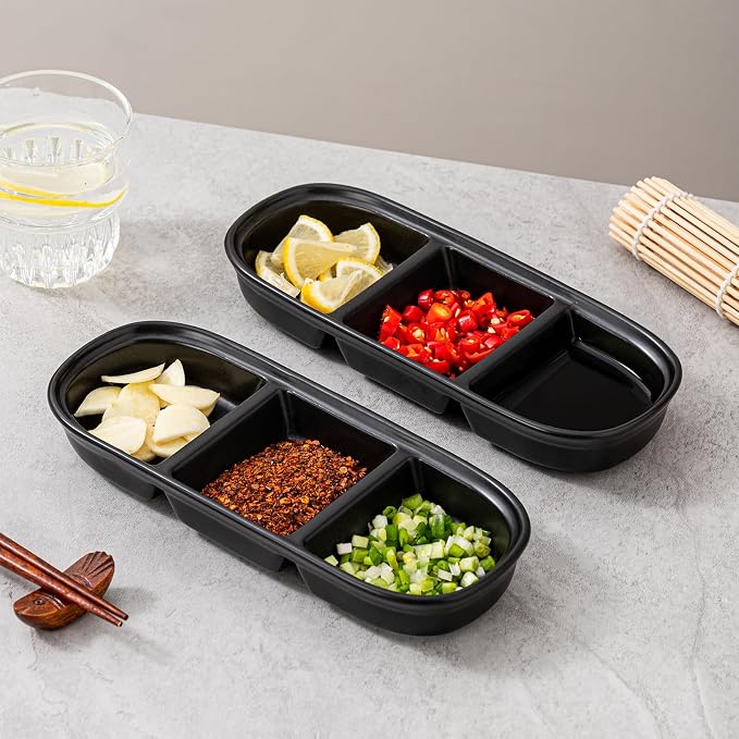 2PCS Ceramic Dishes, Ceramic Dish Stainless Steel Soy Tomato Sauce Salt Vinegar Sugar Spices Flavor Condiment Dip Bowls Korean BBQ Home Kitchen Plates (3 Grids Black)