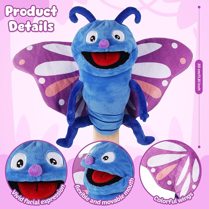 Animal Hand Puppets 11 Inch Sea Turtle Plush Dinosaur Animals Hand Puppet Toys Role-Play Toy Puppets for Kids Storytelling Imaginative Pretend Play Teaching Preschool(Butterfly)