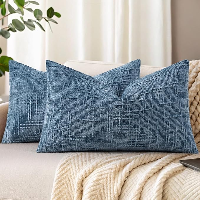 decorUhome Textured Chenille Throw Pillow Covers 12x20 Set of 2 Blue | Fall Modern Farmhouse Soft Cozy Slubby Couch Pillow Cases Boho Decorative Pillow Cases for Bed Sofa Living Room Home Decor