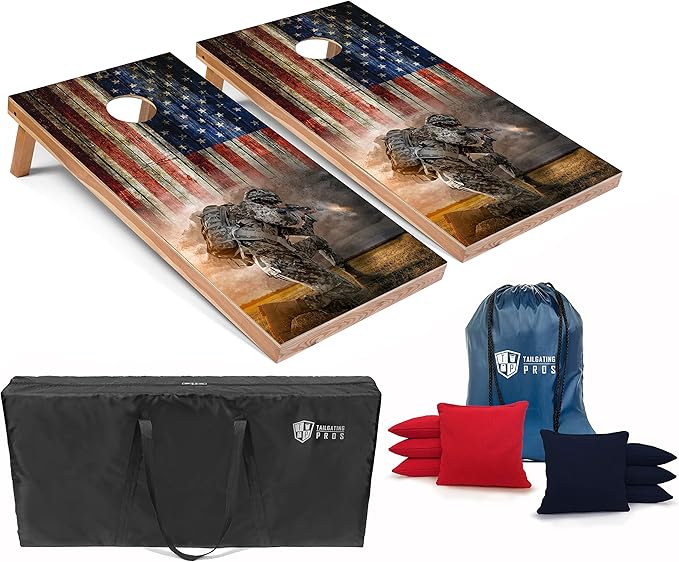 Tailgating Pros American Themed Lightweight Corn Hole Board Set w/Multicolored LED Rings, Bean, Bags, and Carrying Case - 4'x2' Cornhole Toss