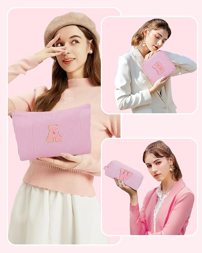 MONSTINA Personalized Initial Makeup Bag for Women,Monogram Make Up Case for Girlfriend Bridesmaid Wife,Birthday Gift for Her Cute Toiletry Bag,3PCS,Pink I