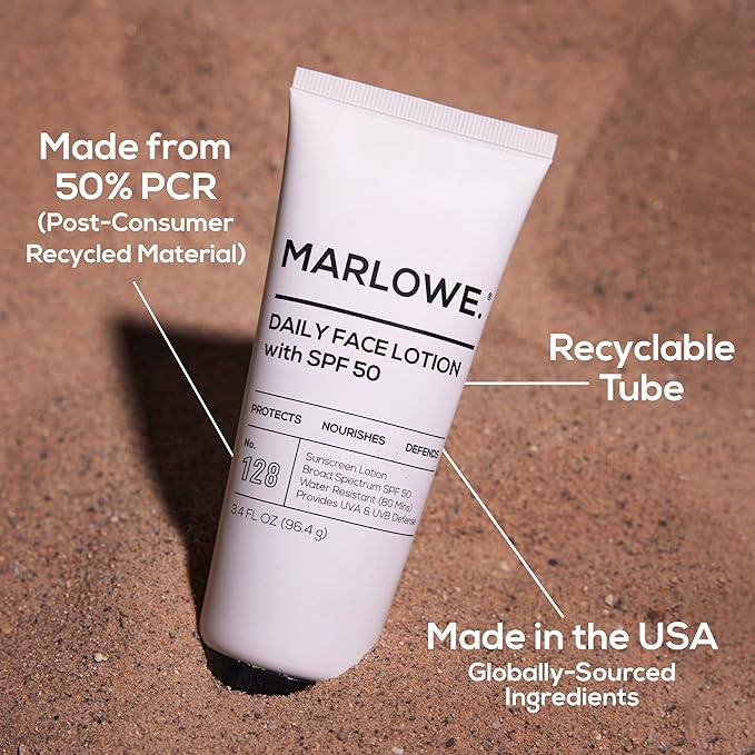 MARLOWE. No. 128 Men's Facial Lotion with Sunscreen SPF 50, 3.4 oz (2 Pack), Oil-Free, Lightweight Daily Face Moisturizer for Men, Includes Natural Extracts to Hydrate, Nourish & Soothe