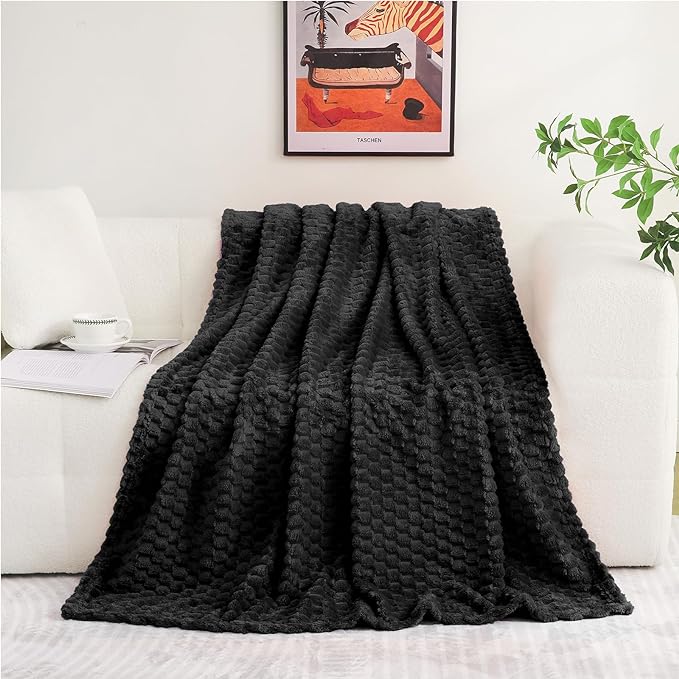 Puncuntex Black Throw Blanket 60"×80" inches Fuzzy 3D Jacquard Decorative | Flannel Fleece Super Soft Plush Cozy Blanket for Couch Sofa Chair Lightweight