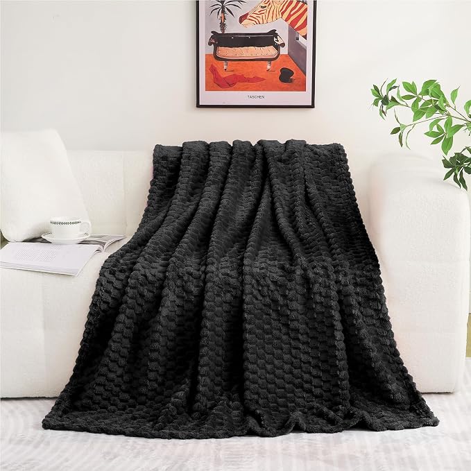 Puncuntex Black Throw Blanket 108"×90" inches Fuzzy 3D Jacquard Decorative | Flannel Fleece Super Soft Plush Cozy Blanket for Couch Sofa Chair Lightweight