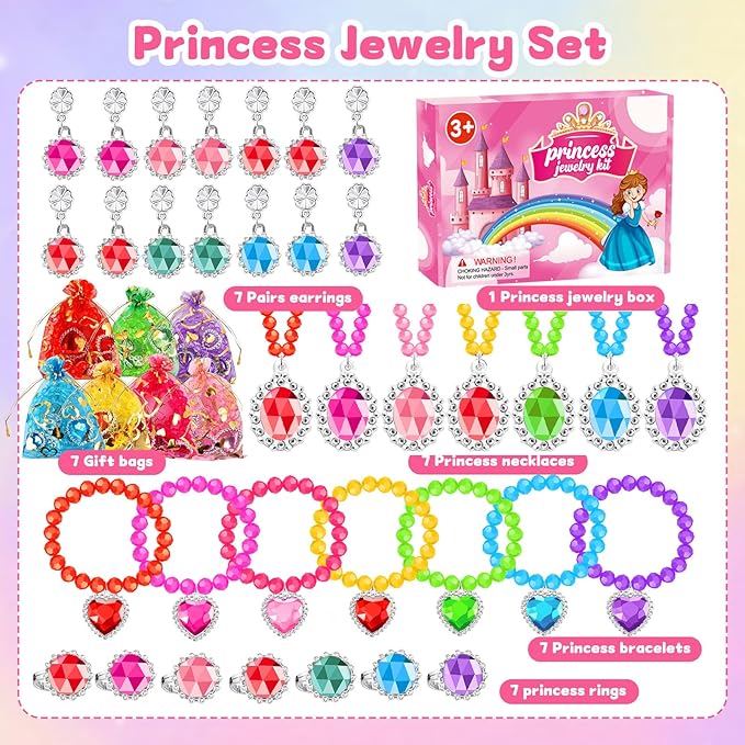 Princess Jewelry Set for Little Girls with Necklace Bracelets Rings Earrings Birthday Gifts Party Favors Pretend Play Dress up Costume Friendship Jewelry for Toddler Girls