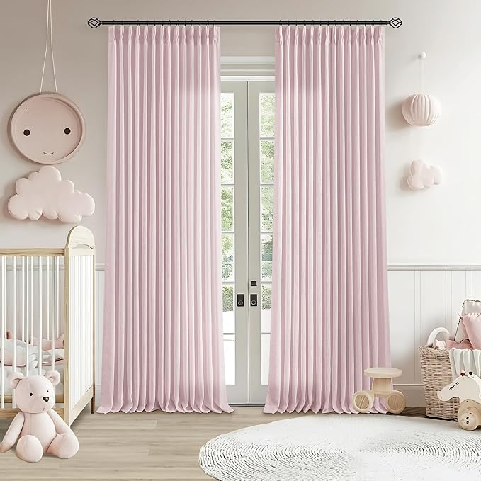 Light Pink Linen Pinch Pleat Curtains 90 Inch Length 2 Panels Set 40x90 | for Nursery Girls Bedroom Living Room, Pinch Pleat Memory Shape Trained, Light Filtering Privacy Semi Sheer, Baby Pink Blush
