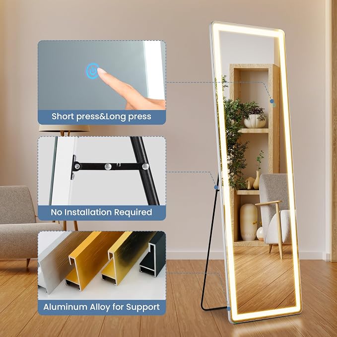 OLIXIS LED Full Length Mirror with Lights, Full Body 16"x60" | Standing Lighted Floor, 3 Color Lighting, Wall Mounted Bedroom Bathroom Entryway, Tempered Glass