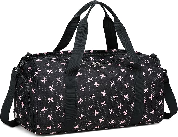 Gym Bag Sports Duffle Bag with Wet Pocket Weekender Overnight Bag with Waterproof Shoe Compartment for Girls Kids Women Travel Dance Yoga Workout Bag (Bow Pink-Black)