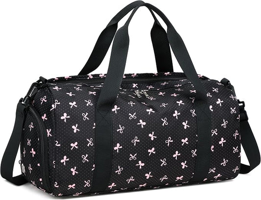 Gym Bag Sports Duffle Bag with Wet Pocket Weekender Overnight Bag with Waterproof Shoe Compartment for Girls Kids Women Travel Dance Yoga Workout Bag (Bow Pink-Black)
