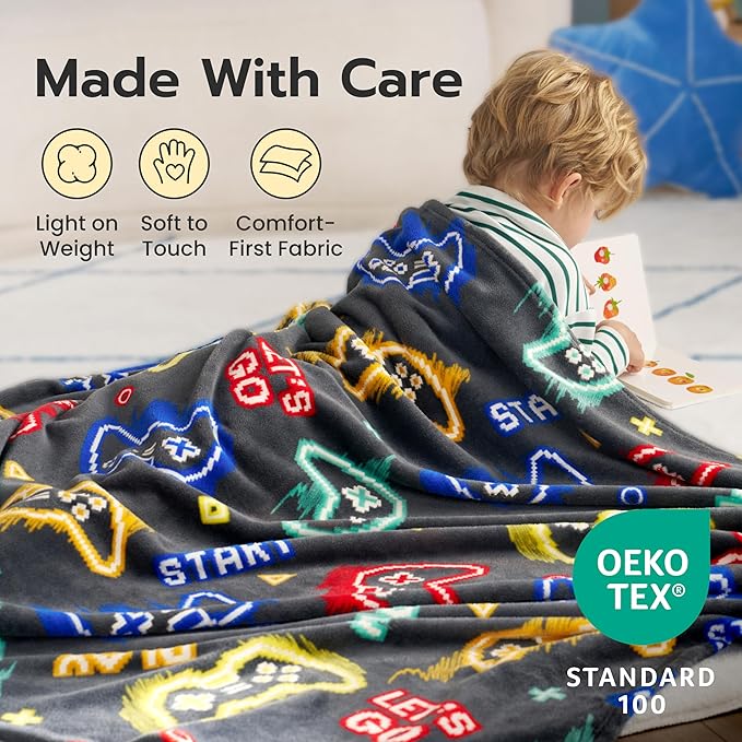 Joiedomi Glow in The Dark Gaming Blanket Gamer Gifts for Boys Age 2 3 4 5 6 7 8 9 10 11 12 Year Old, Soft Cozy Flannel Kids Throw Blanket, Birthday Bedroom Decor Grey 50"×60"