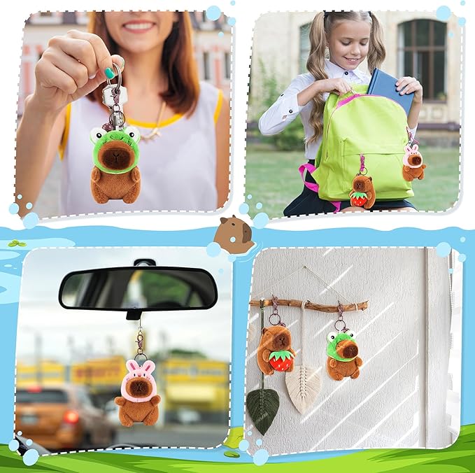 Achwishap 3PCS Capybara Plush Keychain,Cute Keychain Capybara Stuffed Animal,Soft Capybara Plush Toys Key Chain,Kawaii Plushie Stuffed Toys for Kids Adults(Bunny Hat,Frog Hat,Holding Strawberry)