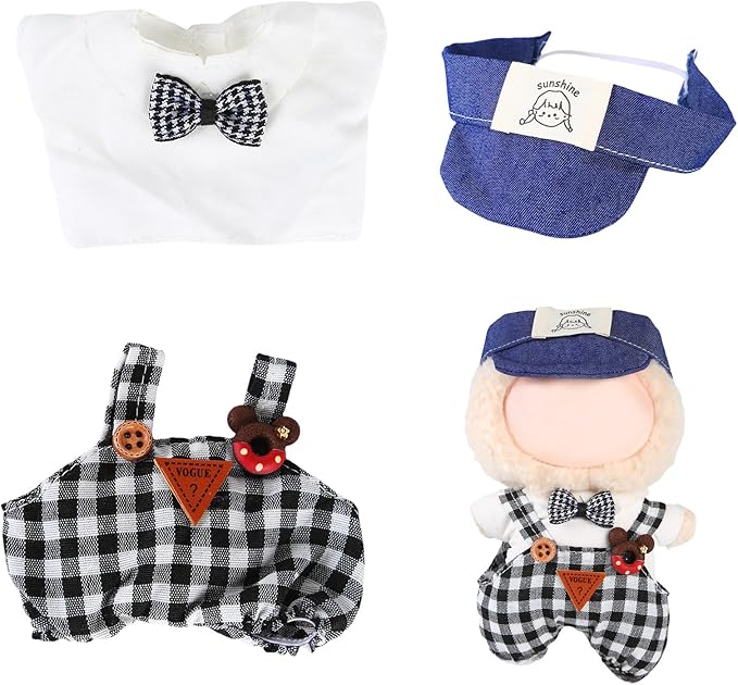 17cm Doll Clothes Set (No Doll) – Outfit with Hat & Overalls, Handmade Accessories for Mini Dolls, OB11-Compatible Dress-Up Gift (Blue Hat)