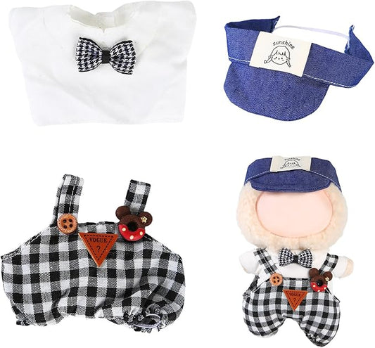 17cm Doll Clothes Set (No Doll) – Outfit with Hat & Overalls, Handmade Accessories for Mini Dolls, OB11-Compatible Dress-Up Gift (Blue Hat)