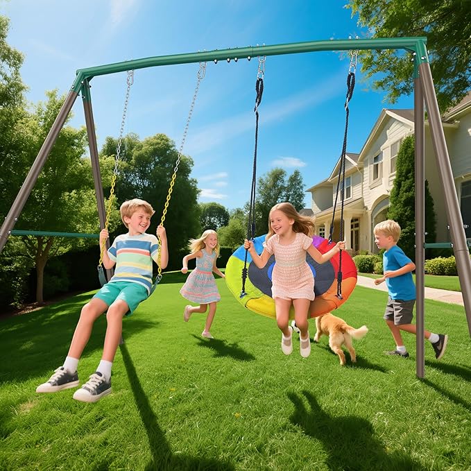Trekassy 440lbs Swing Sets for Backyard - 2 Seat Outdoor Kids Playset with Saucer & Belt Swing, Heavy-Duty A-Frame Metal Stand for Backyard Playground - Green and Brown (Patented)