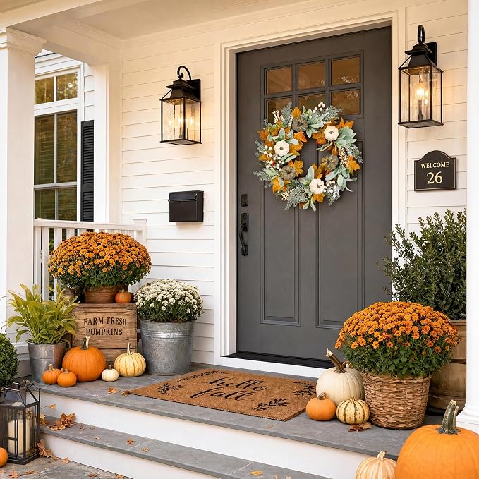 20" Fall Wreath Front Door Pumpkin Lambs Ear Maple Leaf Artificial Wall Decor Farmhouse Autumn Wreath Thanksgiving Home Porch Outdoor Indoor Holiday Harvest Decor