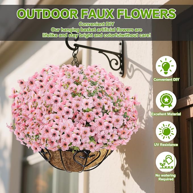 13 Bundles Artificial Flowers for Outdoors Summer Decoration | Silk Realistic UV Resistant Fake Plants Faux Flowers for Outside Planter Porch Yard Patio Garden Home Indoor, Pink