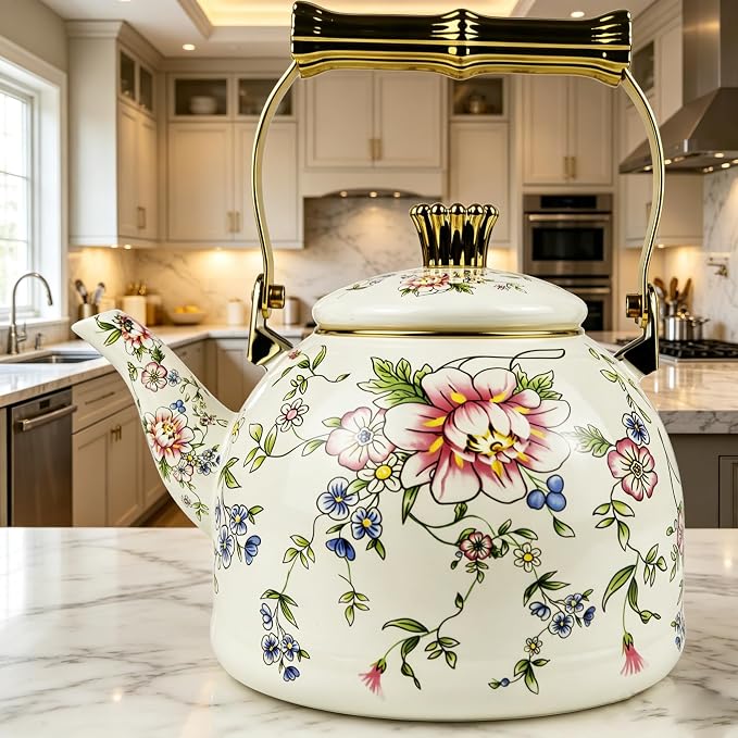 Vintage Enamel Tea Kettle Rose Floral Pattern Stovetop Teapot with Gold Handle, 2.5L Enamel Kettle Kitchen Decor, Ideal Gift for Housewarming Camping Coffee Pot
