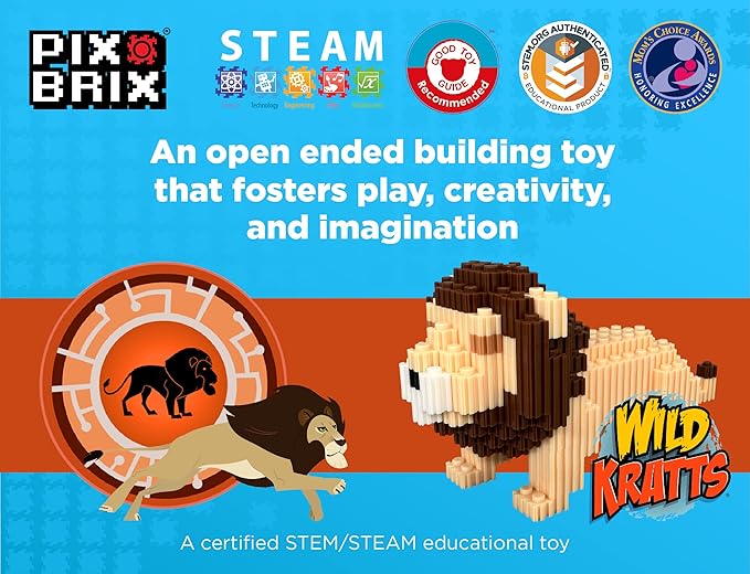 Pix Brix - Wild Kratts Toy Pixel Art Kit - Lion, 498 Pieces - Patented Slide + Stack Pixel Puzzle Building Bricks, Build & Collect Wild Kratts Animals - Stem Toys, Ages 6 Plus
