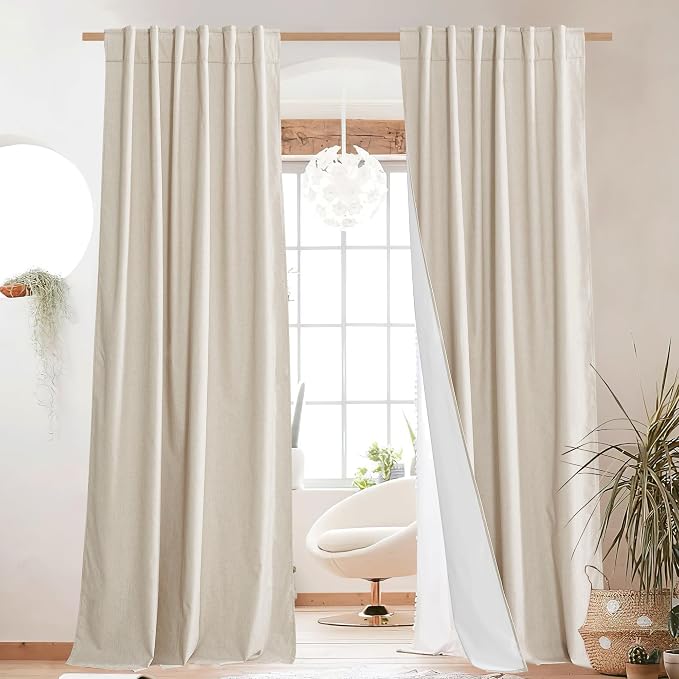NICETOWN 100% Blackout Linen Curtains for Bedroom with Thermal Insulated White Liner, W52 x L95, 2 PCs, Champagne, Long Drapes Sweep The Floor Decorative Keep Privacy Panels for Living Room/Villa