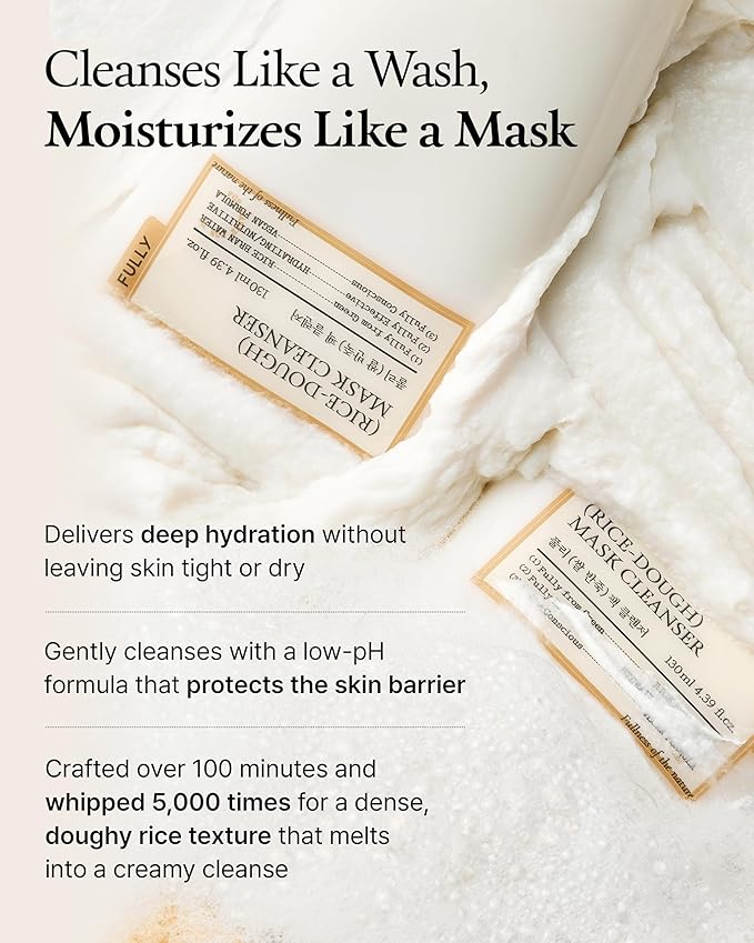 FULLY Rice-Dough Mask Cleanser, Hydrating Mask, Nourishing, Low-pH Formula, Clear Pores, Face Wash, Dry & Sensitive Skin, Vegan Korean Skincare 4.39 fl.oz