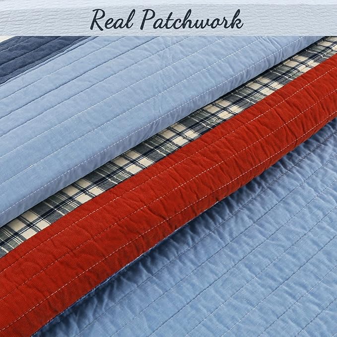 Cozy Line Home Fashions Sailor Navy Striped 100% Cotton Reversible Bedding Quilt Set, Coverlet Bedspread for Boys Kids (Navy/Red, Twin - 2 Piece)