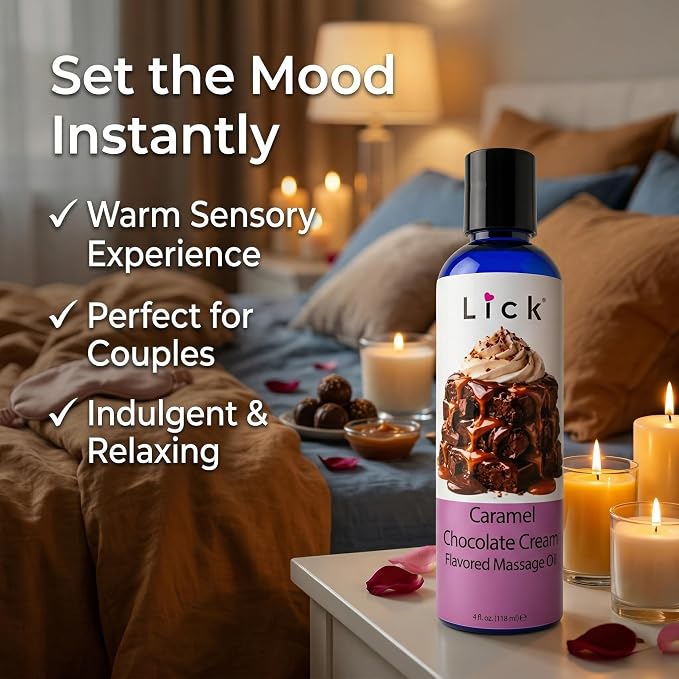 Lick Caramel Chocolate Cream Flavored Massage Oil – Tropical Edible Massage Oil with Sweet Almond Oil & Vitamin E, Hydrating Body-Safe Formula for Relaxing Couples Massage, 4 oz
