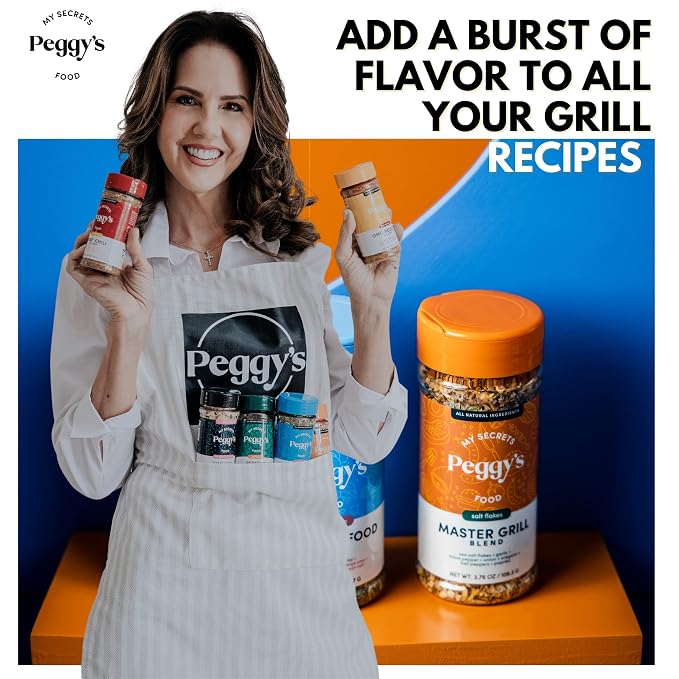 My Secrets Peggy's Food Master Grill Blend - Premium BBQ Seasoning with Sea Salt Flakes, Garlic & Smoked Paprika - Professional Grilling Rub for Steak, Chicken & Veggies - All Natural - 3.75 oz