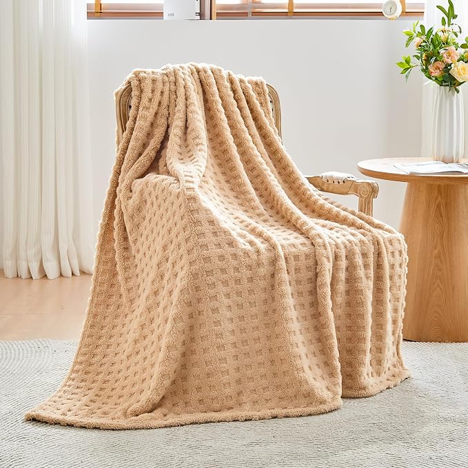 NEWCOSPLAY 3D Waffle Checkered Flannel Queen Blanket, Brown, 90"x90" | Super Soft Cute Lightweight Decorative Premium Silky Fleece Blanket for Couch Sofa Bed, Gift for Women Men, All Season Use