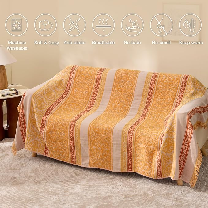 100% Cotton Boho Throw Blanket for Home Decor – Classic Farmhouse Quilt Bedding, Muslin Blankets for Adults, Vintage Woven Decorative Blanket for Couch, Bed Layering Use, Bohemian Stripe, 60"x80"