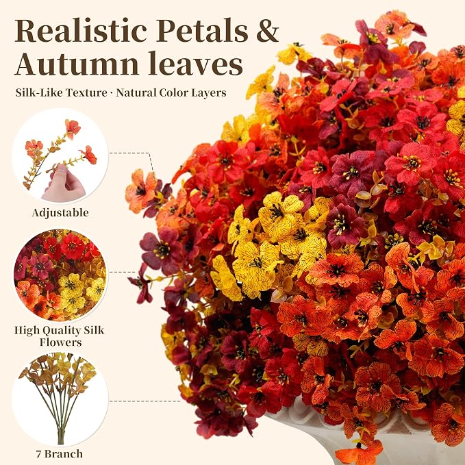 ColoPlay 20 PCS Artificial Mums for Outdoors Faux Flowers Eucalyptus Leaves | Artificial Mums for Outdoors/Indoors Fake Plants Eucalyptus Leaves, Fall Flowers for Decor Planters Boxwood Garden Porch Home