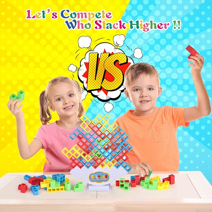 64Pcs Tetra Tower Game, Family Board for 2 Players Family Games, Building Blocks Stacking Balance Games Toys for Kids, Adults, Friends, Classroom, Family and Travel Party