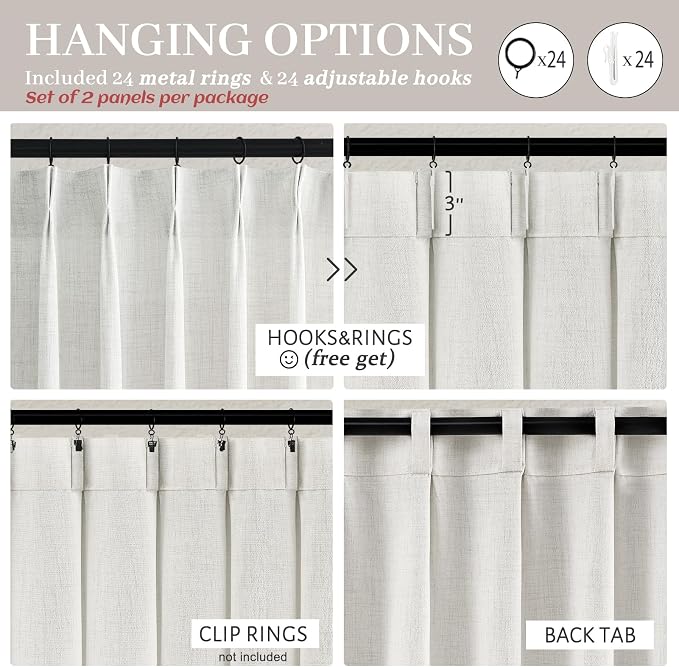 Beige White 60 Inch Wide Light Filtering Curtains 84 Inches Long for Sliding Glass Door 2 Panel Set, Memory Trained Pinch Pleated Thick Natural Linen Semi Sheer Drapes Privacy Farmhouse Window Curtain