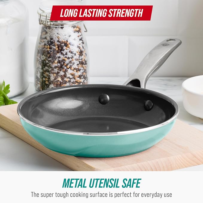 Blue Diamond 8" Diamond Infused Ceramic Nonstick Frying Pan, Turquoise | PFAS-Free Ceramic Nonstick Skillet, Dishwasher & Oven Safe, Stay Cool Handle, Durable Metal Utensil Safe, Egg & Omelet Pan