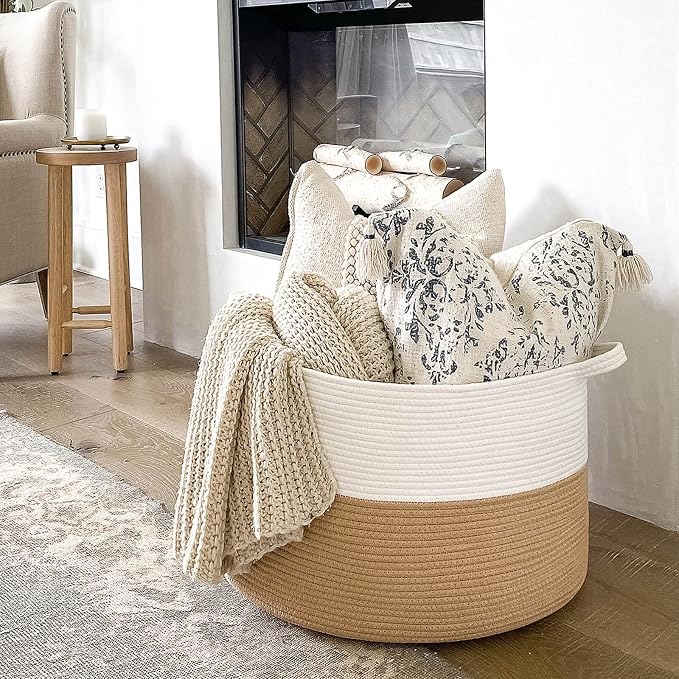 INDRESSME XXXLarge Woven Rope Blanket Basket Living Room, 90L | 21.7" x 13.8" Storage baskets for toys laundry & pillows. Fits living room, bedroom or nursery décor. Soft-touch with handles