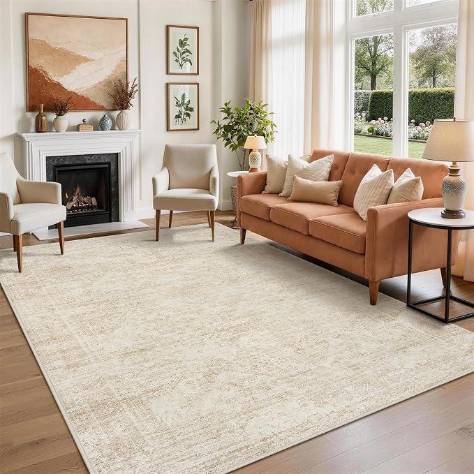 9x12 Area Rugs for Living Room Rug Washable: Abstract Large Rug for Dining Room Bedroom Carpet Non Slip 9 by 12 Indoor Modern Nursery Home Office Beige